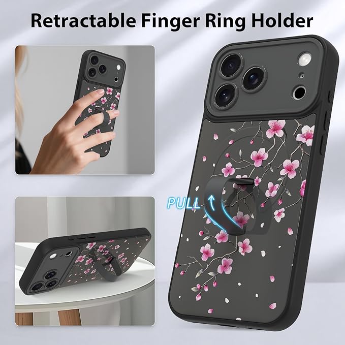 KANGHAR Compatible with iPhone 17 Pro Max Case, Magnetic Compatible with MagSafe, Cute Flower Floral Pattern Wristband Kickstand Full Camera Lens Shockproof Protective Case for Girls Women, Black