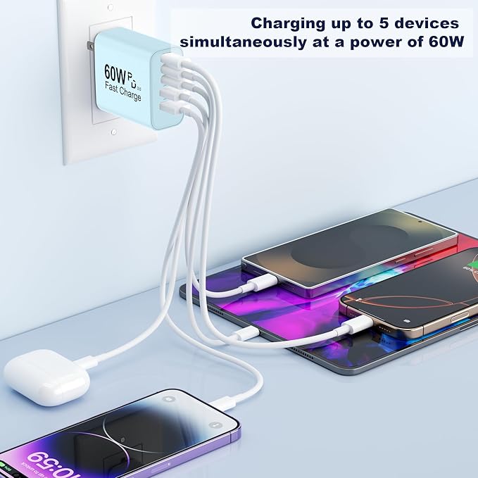 USB C Charger Block, 60W 5 in 1 Charging Blocks, PD 3.0 Fast Charger, QC 2A Blue Wall Plug Multiport Type C Charging Block for iPhone 17 16 15 14 13 12 Pro Max, iPad, iPod, Samsung, AirPods Pro