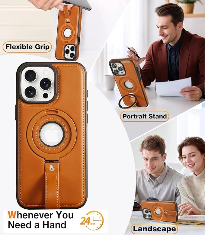Butaiga for iPhone 14 /iPhone 13 Leather Case with Stand, Anti-Slip Grip Ring, Fits for MagSafe (Brown, iPhone 14/13)