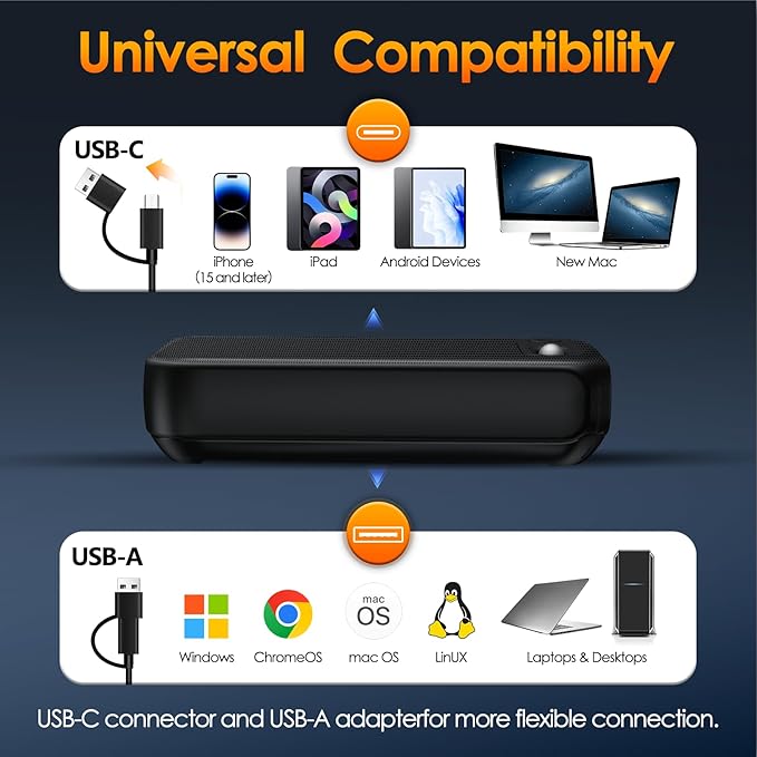 USB-A/USB-C Computer Speakers for PC Desktop, Wired Portable Mini Sound-bar for Monitor with Stereo Sound & Enhanced Bass, Laptop Speakers for Desktop, PC, Smartphones,Tablets with RGB Lights
