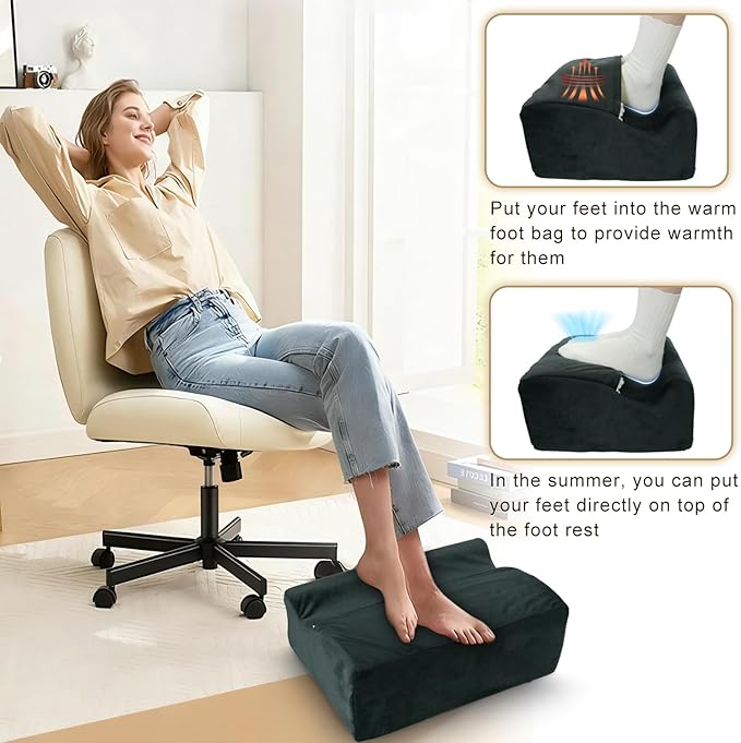 Foot Rest for Under Desk at Work,Ergonomically Designed Home Footrest with Warm Feet Pocket,Comfort Foam Foot Stool Used As A Foot Or Leg Elevator Under Desks,Office Chairs & Sofas or Couch - Black