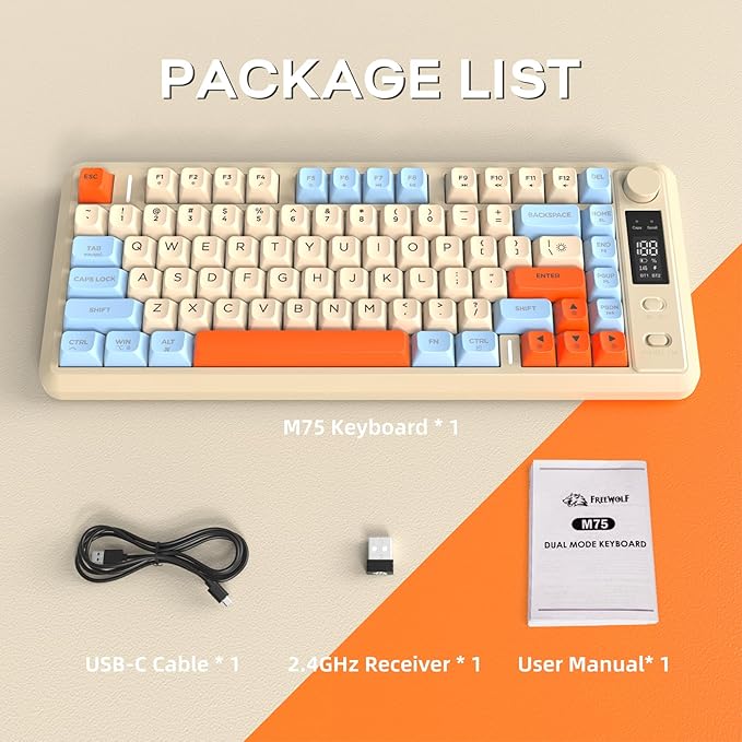 FREEWOLF M75 Wireless Mechanical Feel Gaming Keyboard Bluetooth/2.4Ghz Membrane with Knob & OLED Display Rainbow Backlit Gradient PBT Keycaps 2000mAH Battery Anti-Ghosting-Blueberry