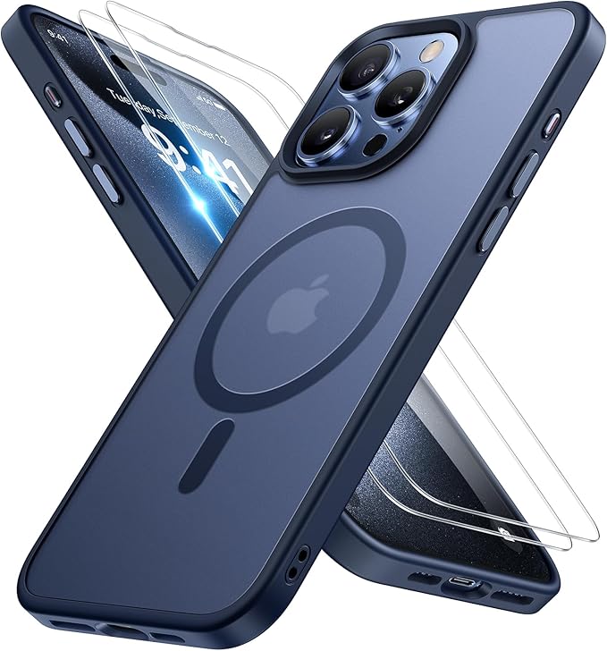 Miracase Magnetic for iPhone 15 Pro Case 6.1 inch (Compatible with MagSafe)（with 2X Screen Protectors）Military-Grade Protection, Anti-Fingerprint Translucent Matte Phone Cover, Dark Blue