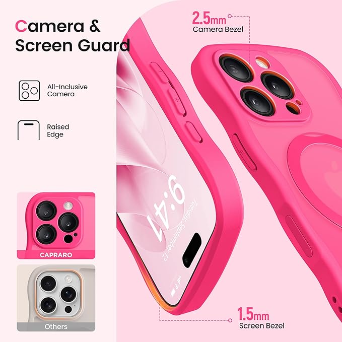 CAPRARO for iPhone 16 Pro Case with 360° Spin Magnetic Stand for Women, [Compatible with MagSafe] [Full Camera Protection] Cute Wave Translucent Matte Case for iPhone 16 Pro, Hot Pink