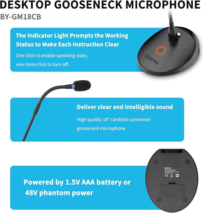 BOYA Desktop Gooseneck Condenser Microphone 18" Podium Microphones with Base LED Indicator XLR Mic for Meetings Video Conferences Streaming Lectures BY-GM18CB