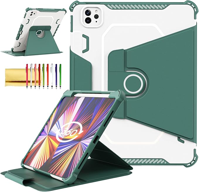 Rotating Case for iPad Pro 11" 4th/3rd/2nd Gen, iPad Pro 11 Smart Cover with Pencil Holder, Techcircle Hybrid TPU+PC Magnetic Cover Soft Bumper Slim Fit Folio Shockproof Protective Case-Midnight Green
