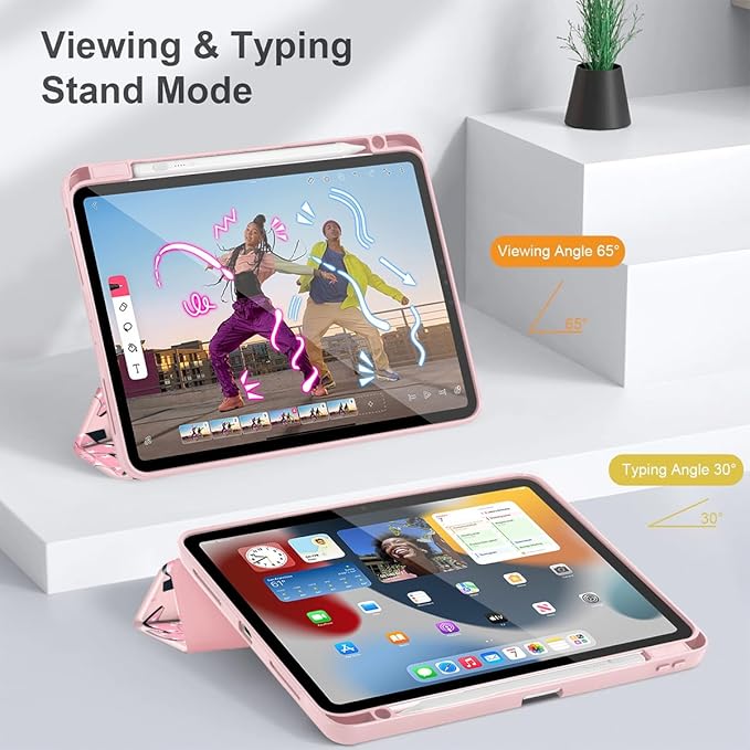 May Chen Case for iPad Pro 11-Inch M5/M4 2025/2024 (6th/5th Generation), [Penceil Holder] Trifold Stand Auto Wake/Sleep Clear TPU Protection Back Cover, Pink Boots Bows