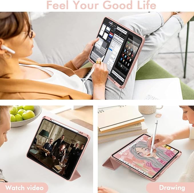 ZryXal New iPad Air 13 Inch Case M3 2025/M2 2024 with Pencil Holder, Trifold Stand Smart Case with Soft TPU Back,Auto Wake/Sleep(Rose Gold)
