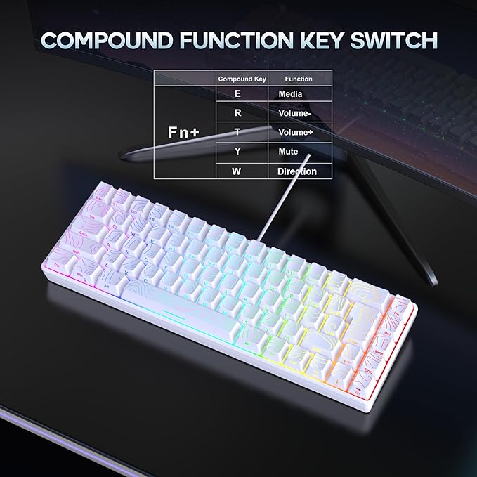 Snpurdiri 65% Wired Gaming Keyboard, 68 Keys RGB Backlit Ultra-Compact Small Gaming Keyboard, for PC/Mac Gamer, Typist, Travel, Easy to Carry on Business Trip White