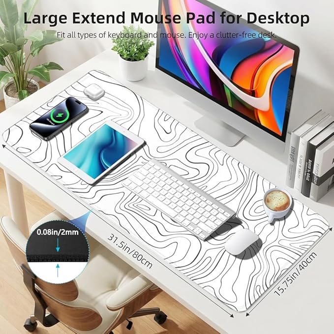 Rcege Large Mouse Pad for Desk - Gaming Mouse Pad with Stitched Edges, Anti-Slip Base for Keyboard and Mouse(Line White, 31.5L x 15.8W inches)