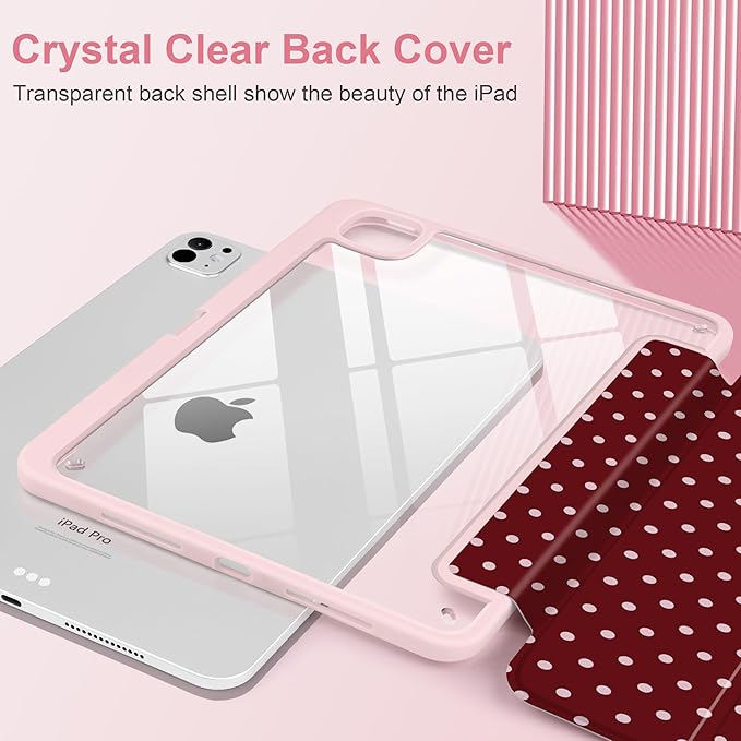 TWOLSKOO Case for iPad Pro 11-inch (M5 2025 / M4 2024), Clear Acrylic Back with TPU Bumper, Pencil Holder, Trifold Stand, Auto Sleep/Wake, Red Polka Dot