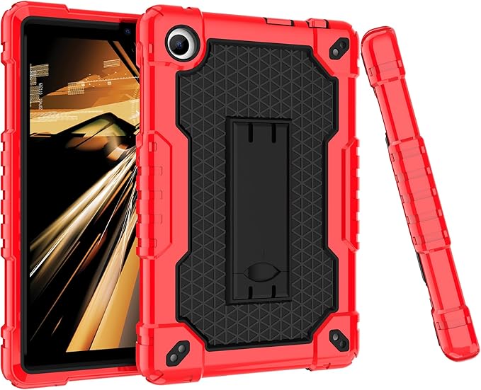 Case for for AT&T Amigo Jr. Tab 8 inch Tablet 9136K - [Built-in Kickstand] Anti Slip Kids Friendly Shockproof Silicone Protective Cover (Red/Black+2 PCS Glass)