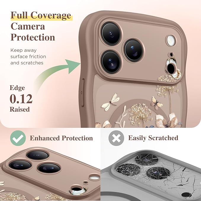 GVIEWIN for iPhone 17 Pro Case Compatible with MagSafe [Curly Wave Edge][Full Camera Protection] Floral Translucent Shockproof Magnetic Women Phone Case for iPhone 17 Pro 6.3'', Autumnflit/Brown
