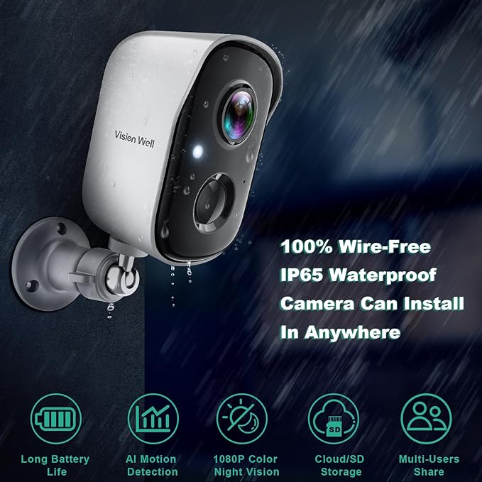 Security Cameras Wireless Outdoor, WiFi Cameras for Home Security Battery Powered, AI Motion Detection, Color Night Vision, 2-Way Talk, Spotlight Siren Alarm, Cloud & SD Storage-Purewhite WiFi Camera