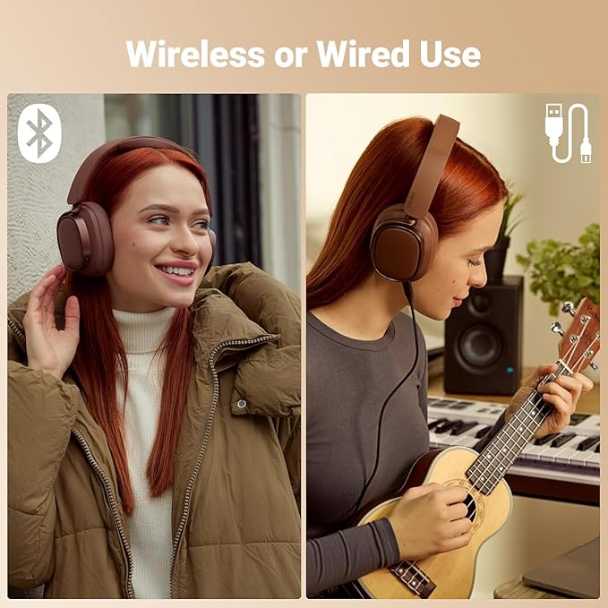 Edifier ES850NB Active Noise Cancelling Headphones, Over Ear Bluetooth Headset, 92H Playtime Wired & Wireless Hi-Res Audio Certified, Fast Charging Clear Calls for Home Office Travel - Brown