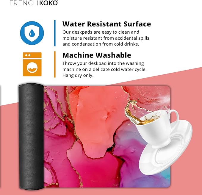 French KOKO Large Mouse Pad Desk Mat Protector Keyboard Pad Desktop Office School Decor Big Extended Laptop Computer Accessories Pretty Mousepad Women XL Cool Marble Pink Gold