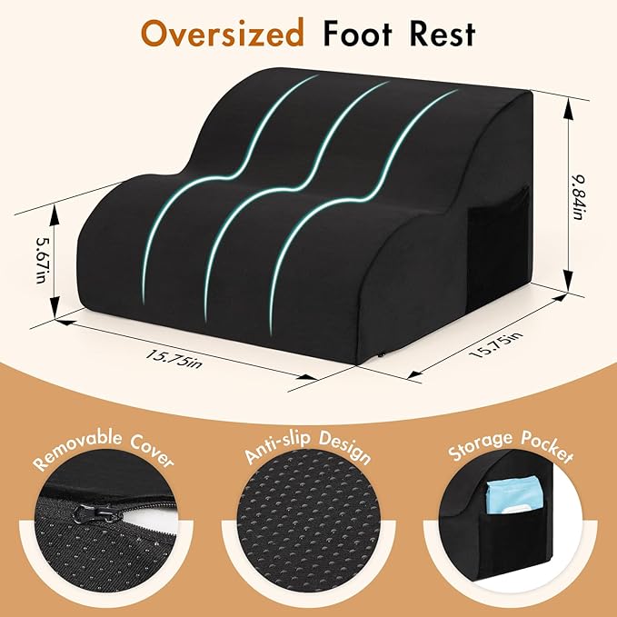 Echaprey Foot Rest for Under Desk at Work,Adjustable Under Desk Footrest Multifunctional 3-Tier Foot Stool with Non-Slip Base and Washable Cover Ergonomic Foot Stool for Office,Home,Car,Travel (Black)