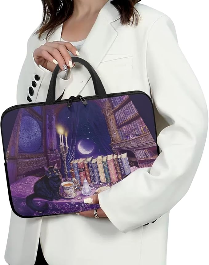 Purple Library Laptop Sleeve Case for Women Men 12 Inch Laptop Protector with Multiple Uses Portable Computer Sleeve Kawaii Cat Tablet Bag Laptop Carrying Case Gifts for Girls