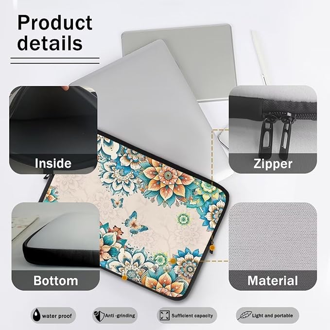 Boho Flower Butterfly Laptop Protective Sleeve for Women Computer Sleeve 13 Inch Laptop Case Bag Portable Computer Carrying Case Suitable GITS for Men Teens