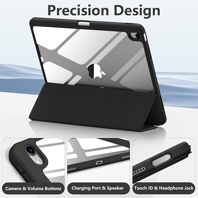Wenlaty for iPad Air 13 Inch Case M4/M3/M2 (2026/2025/2024) with Pencil Holder, Slim Trifold Stand Protective Cover for iPad Air 13 Case with Clear Transparent Back, Auto Wake/Sleep -Black