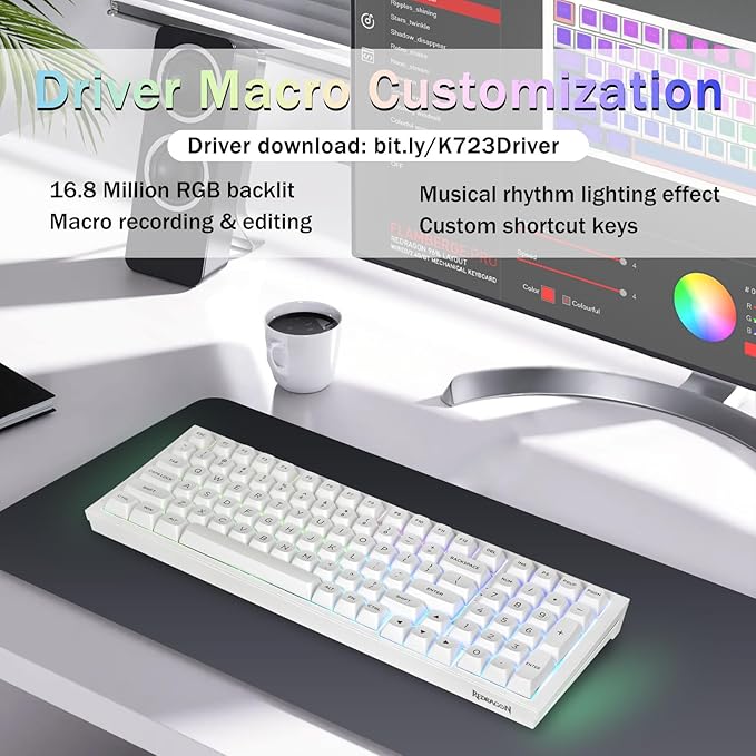 Redragon K723 Wireless Mechanical Gaming Keyboard Creamy, Bluetooth/2.4G/USB-C Wired, RGB Backlit, Hot Swappable Pre-lubed Linear Switches, 96% Custom Gasket Structure for PC/Mac/PS/Xbox,White