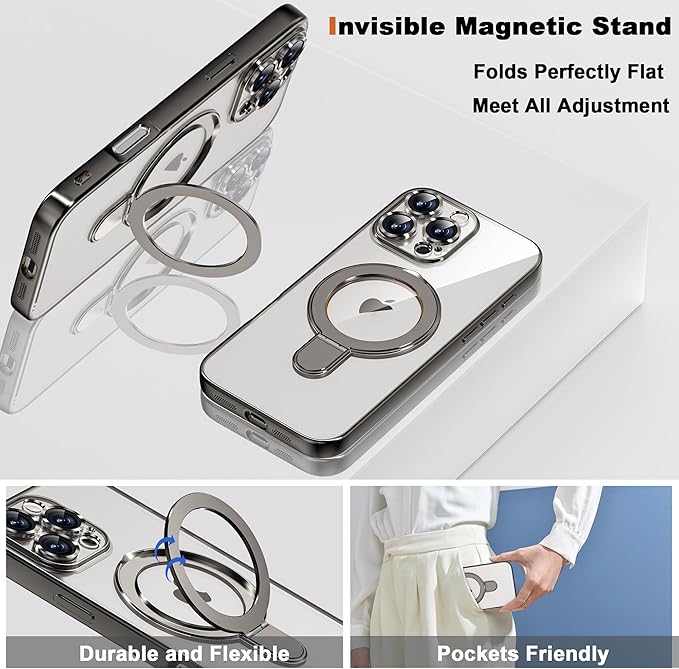 Compatible with iPhone 16 Pro Max Case with Invisible Magnetic Ring Stand [Compatible with Mag-Safe] [Full Camera Lens Protector] Plating Clear Phone Case for iPhone 16 Pro Max 6.9", Grey