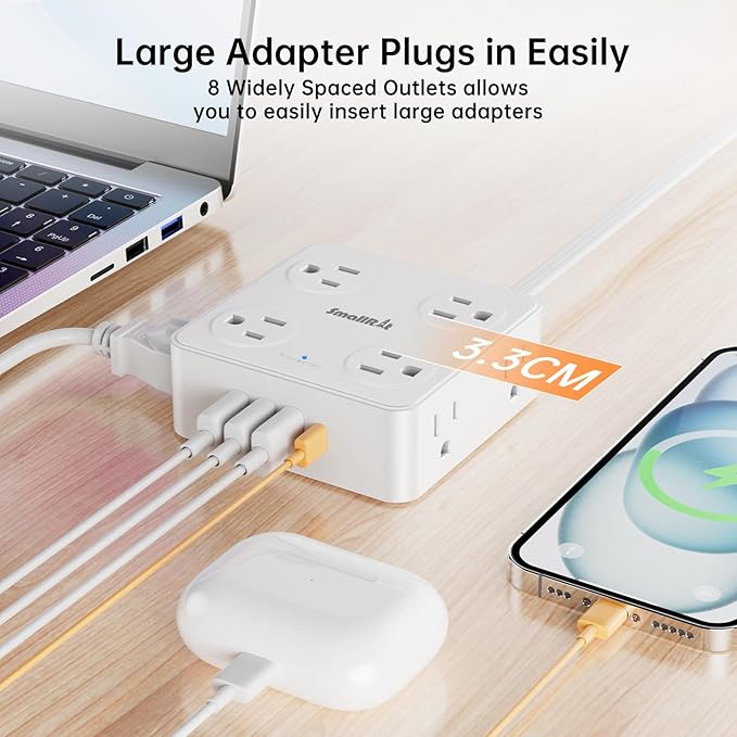 Flat Plug Power Strip with USB C, 6.5FT Flat Extension Cord - 8 AC Outlets and 4 USB(1 USB C), Power Strip with Surge Protector, Wall Mount Charging Station Office Home (White, 15 FT)