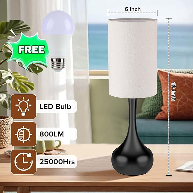 Mid Century Modern Droplet Table Lamp,Touch Control & 3-Way Dimmable,No Assembly Required Cylinder Shade,Black Vintage Farmhouse Bedside Lamp for Bedroom,Nightstand,Living Room,Office