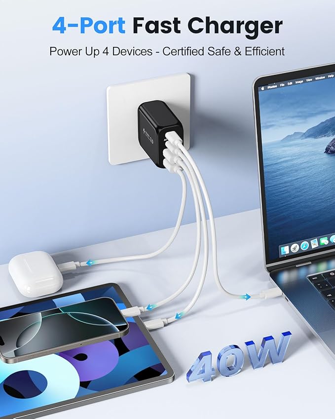 40W USB C Charger Block, 2-Pack 4-Port Fast Charging Block Power Adapter, Dual PD & QC Type-C Multiport Wall Charger for iPhone 17 16 15 14 13 12 11 Pro Max, Samsung, Tablets