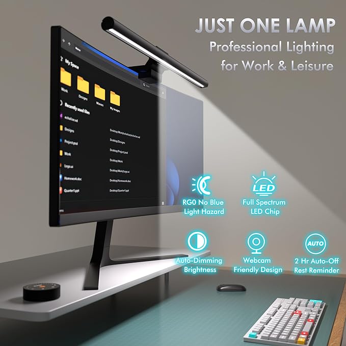 Quntis Monitor Light Bar with Remote, 16.7'' Eye Care No Glare Computer Light Bar with Backlight, Auto-Dimming & Timer, Stepless Dimming Monitor Lamp for Desk Gaming Home Office Curved Monitors