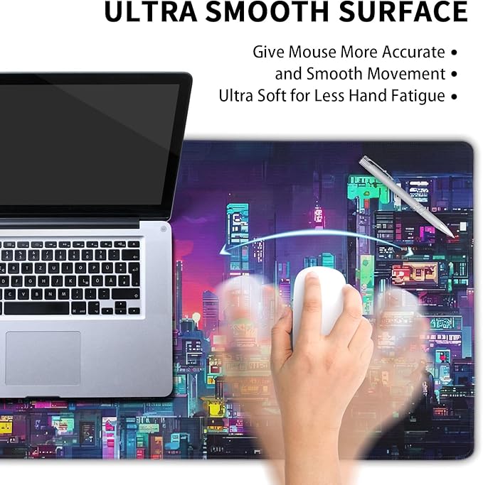 Retro Japanese Anime Gaming Mouse Pad XXL Cool Dark Purple Red Vaporwave City Extended Large Desk Mat Big Mousepad Non-Slip Rubber Base Stitched Edge Long for Computer, 35.4x15.7 in