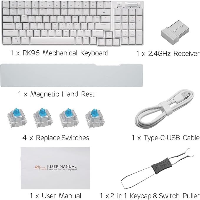 RK ROYAL KLUDGE RK96 90% 96 Keys BT5.0/2.4G/USB-C Hot Swappable Mechanical Keyboard, Wireless Mechanical Keyboard with Magnetic Wrist Rest, Blue Backlight (Blue Switch)