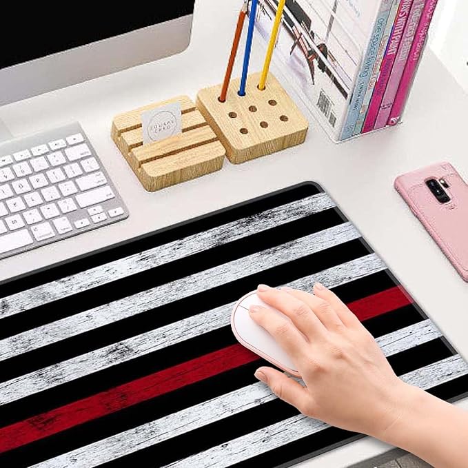 Thin Red Line with USA Flag Large Gaming Mouse Pad for Desk, Desk Mat with Seamed Edges, Waterproof Desk Pad, Non-Slip Rubber Base, 31.5x11.8 Inch Keyboard Pad Computer Mat, Big XL Mousepad