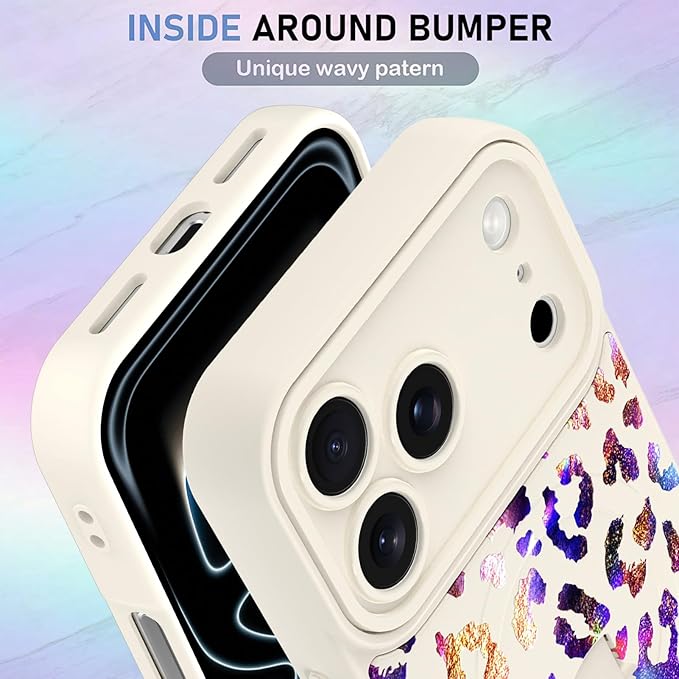 KANGHAR Compatible with iPhone 17 Pro Case, Support for MagSafe, Silicone Cute Iridescent Leopard Cheetah Pattern, Wristband Kickstand Shockproof Protective Slim Cover for Women Girls, White