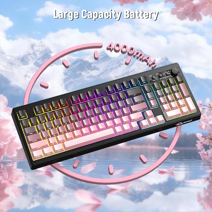 ZIYOU LANG K100 Wireless Gaming Keyboard,99 Keys Tri-Mode BT/2.4GHz/USB-C Creamy Color Keyboard with Number Pad RGB,Media Knob Custom Programmable Computer Keyboards for PC/Mac/Xbox (Pink)