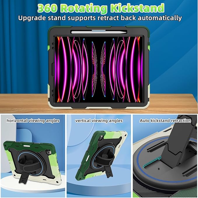 for iPad Pro 12.9 inch Case (6th/5th/4th/3rd Gen),Not fit iPad 12.9 2nd/1st Gen with Screen Protector for Kids with 360 Kickstand Hand Strap Pencil Holder [15ft Drop Protection]