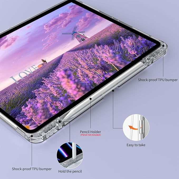 Clear Case for iPad Pro 12.9 inch 6th/5th/4th/3rd Gen with Pencil Holder [Support Pencil Charging] Auto Wake/Sleep, Lightweight Shockproof Trifold Stand Transparent Hard PC Back Cover, Purple-2