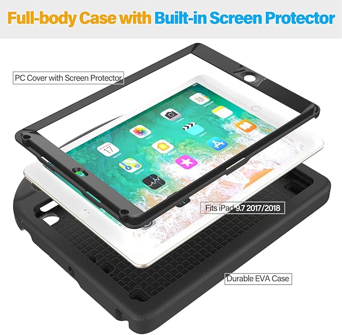 SUPLIK Kids Case for iPad 5th/6th Generation(9.7 inch, 2017/2018), iPad Air 2/1 & Pro 9.7 Case with Screen Protector, Durable Protective Cover with Handle Stand for Apple iPad 5/6 Gen, Black