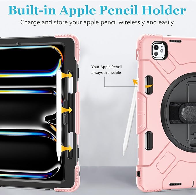 Case for iPad Pro 13 Inch M5 2025/ M4 2024: Military Grade Cover for iPad Pro 13" with Screen Protector - Stand - Handle - Shoulder Strap - Pencil Holder-Orange