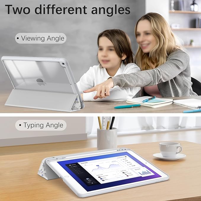 Case for iPad 9th / 8th / 7th Generation (2021/2020/2019) 10.2 inch, Case with Pencil Holder, Stand Clear Back Cover Cute Cool Design for Women Girls, Auto Sleep/Wake, Blue Rose