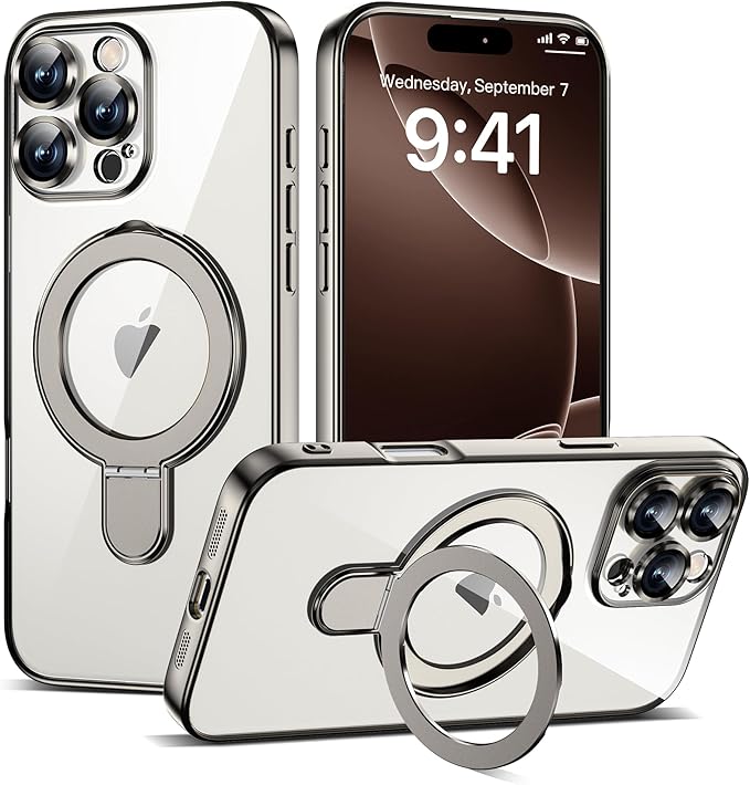Compatible with iPhone 16 Pro Max Case with Invisible Magnetic Ring Stand [Compatible with Mag-Safe] [Full Camera Lens Protector] Plating Clear Phone Case for iPhone 16 Pro Max 6.9", Grey
