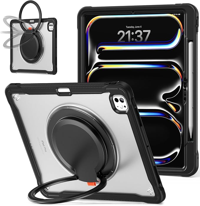Batianda for iPad Pro 13 inch Case 2025 M5 2024 M4 Chip Lightweight Dual-Layer Protective Tablet Cover, Durable Shock-Absorbing Corners with 360° Rotating Kickstand Ring Built-in Pen Slot, Black