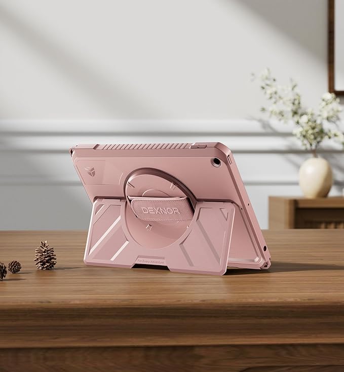 Dexnor Case for iPad 9th/8th/7th Generation 10.2 inch, Rugged Protective Case with 360° Rotating Hand Strap & Large Stand & Screen Protector & Pencil Holder Shockproof Full-Body Bumper Cover, Pink