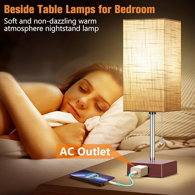 PLMMY Bedside Table Lamp for Bedroom Nightstand, 3 Color Pull Chain Nightstand Lamps Set of 2 with AC Outlets, Square Gray Lampshade Bedside Lamp for Living Room, Office Desk, LED Bulb Included
