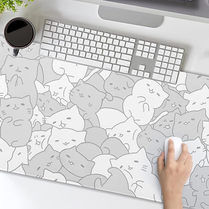 Kawaii Cats White Gaming Mouse Pad XXL Cute Kittens Japanese Extended Big Large Desk Mat Non-Slip Rubber Base Stitched Edge Long Keyboard Mousepad for PC Computer Laptop, 35.4×15.7 Inches