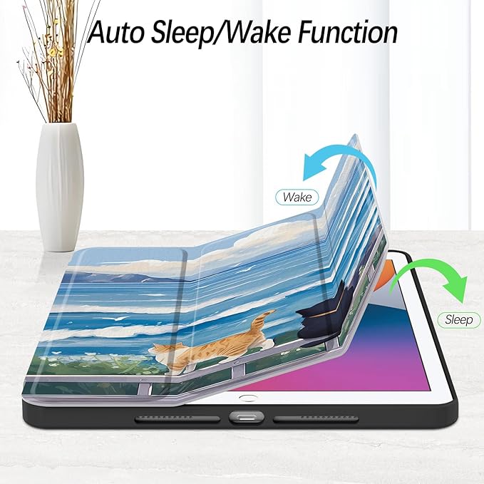 Case for iPad 9th / 8th / 7th Generation (2021/2020/2019) 10.2 inch, Case with Pencil Holder, Stand Clear Back Cover Cute Cool Design for Women Girls, Auto Sleep/Wake, Cute Cat