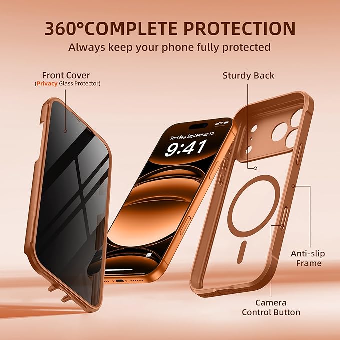 BERFY for iPhone 17 Pro Case, Compatible with MagSafe, Built-in Privacy Screen Protector, Camera Protection, Shockproof Full Body Phone Case 6.3", Clear Dark Orange