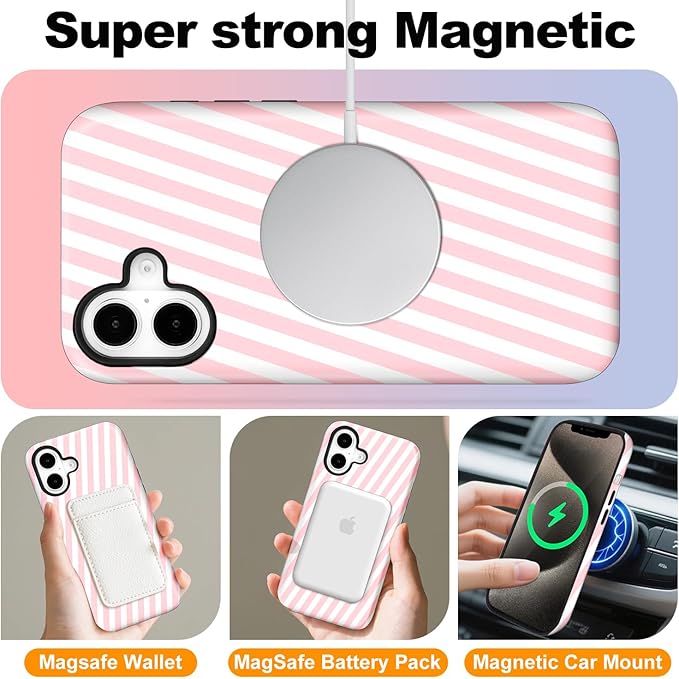 Magnetic for iPhone 17 Case Cute Diagonal Stripes Phone Case, Shockproof Slim TPU and Hard PC Protective Phone Cover Compatible with MagSafe Designed for Women Girls,Pink