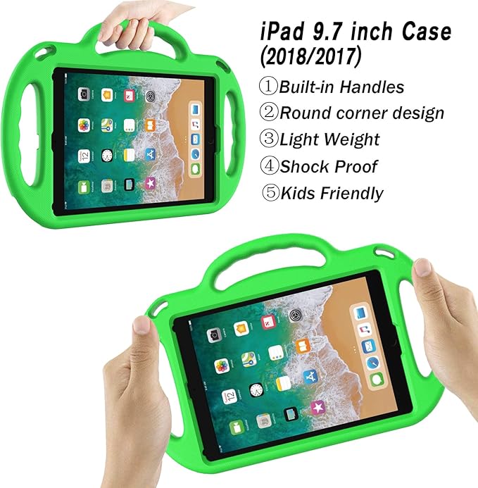 LTROP Kids Case for iPad 5th/6th Generation (2017/2018) & Air 2, Shoulder Strap Handle Stand Shockproof Bumper Cute Kid Case for iPad 9.7 Inch, Green