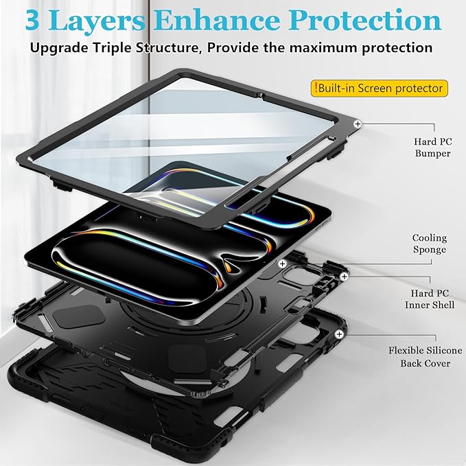 Case for iPad Pro 13 Inch M5 2025/ M4 2024: Military Grade Cover for iPad Pro 13" with Screen Protector - Stand - Handle - Shoulder Strap - Pencil Holder- Black